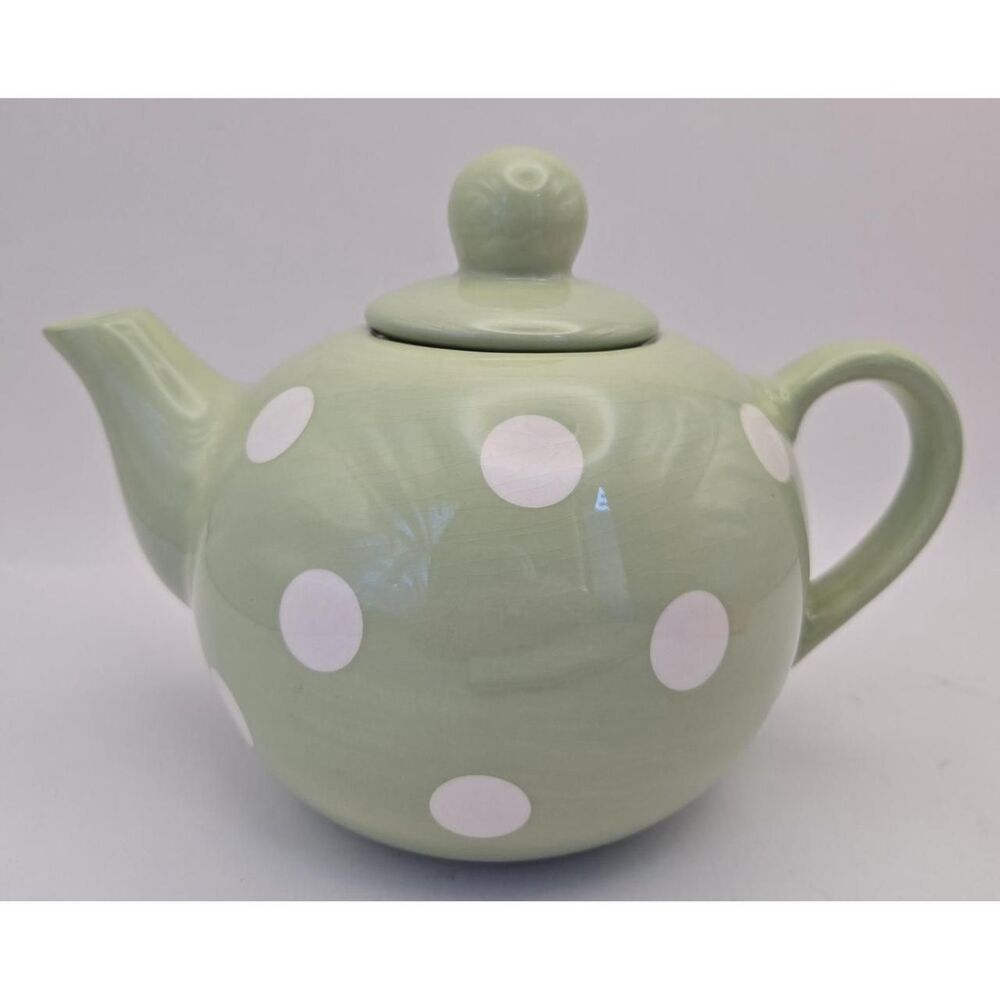 Mint Green Teapot With Lid  And White Polkadots Durable Stoneware Ceramic